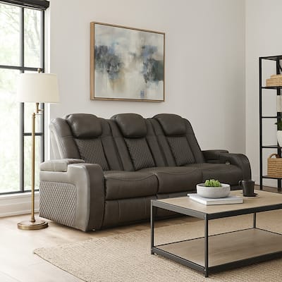 Fynne LED Power Reclining Sofa, USB Charger, Gray Faux Leather 85 Inch