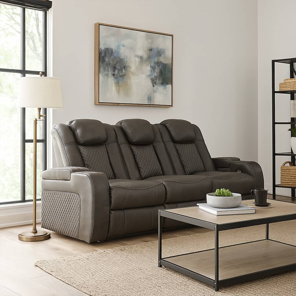 Fynne LED Power Reclining Sofa, USB Charger, Gray Faux Leather 85 Inch