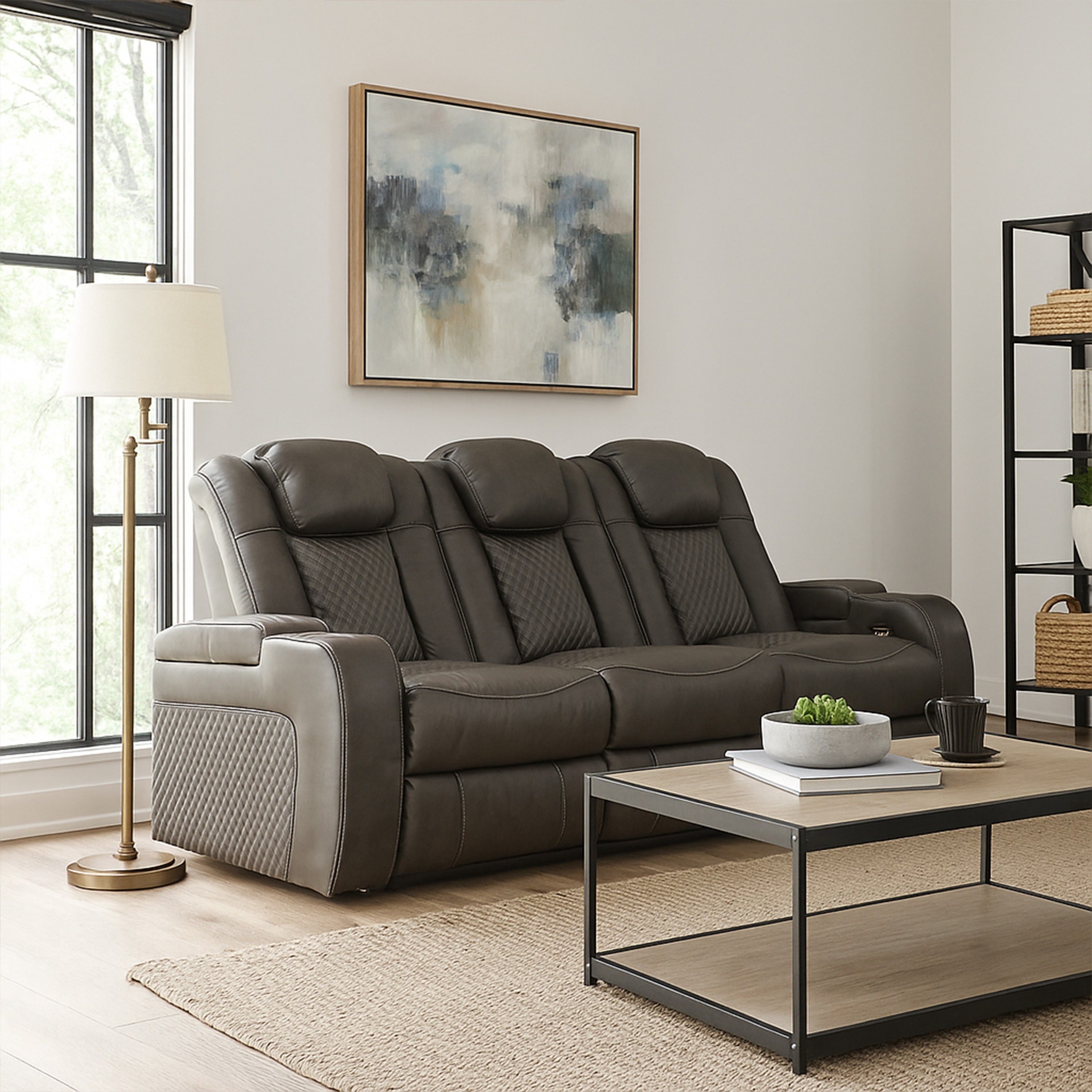 Benjara Fynne LED Power Reclining Sofa, USB Charger, Gray Faux Leather 85 Inch
