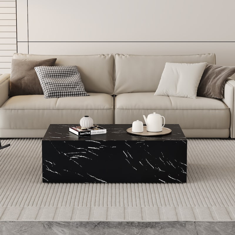 Roomfitters Black Marble MDF Coffee Table, 39.3"x23.6"x11.8" Modern Rectangular Accent Table for Living Room