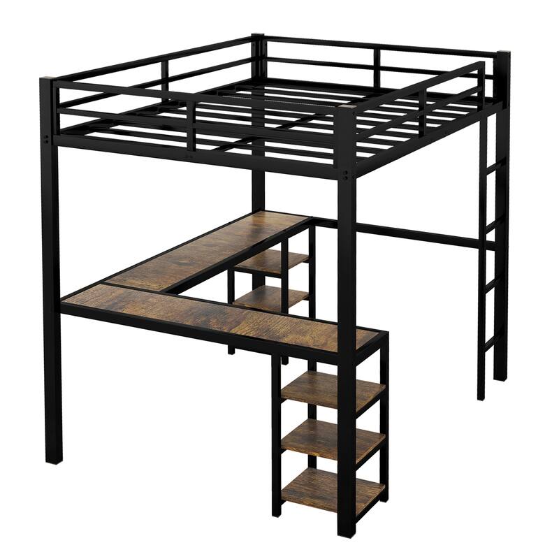 Full XL Size Metal Loft Bed with Desk and Shelves, Ladder, and Guardrails