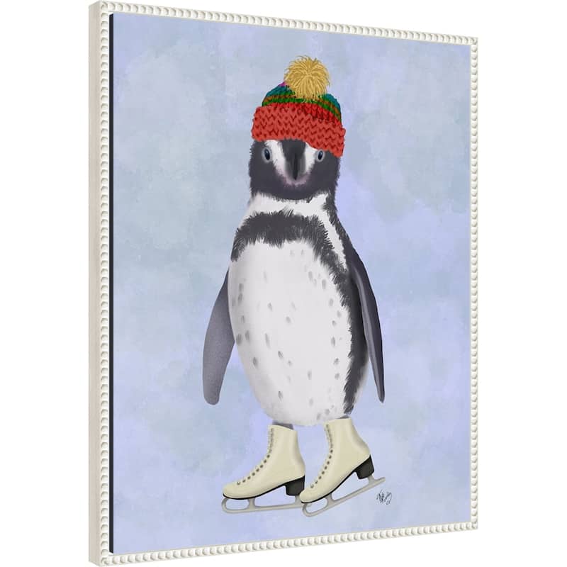 Penguin Ice Skating by Fab Funky (23 x 28 in.), Framed Canvas Wall Art Print - Sylvie Beaded White