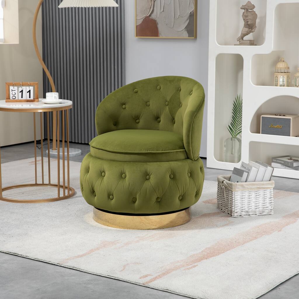 Olive Green 25.98" Velvet Swivel Accent Chair with Storage and Wood Frame