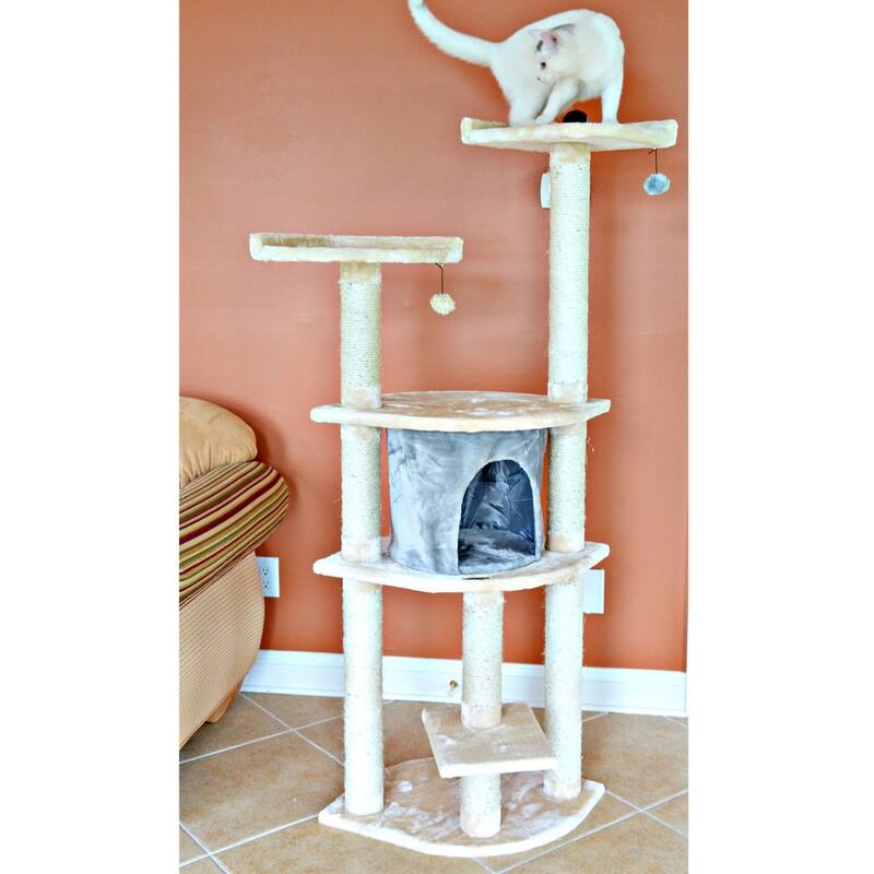 64" Real Wood Cat Tree With Scractch Sisal Post, Soft-side Playhouse, Almond
