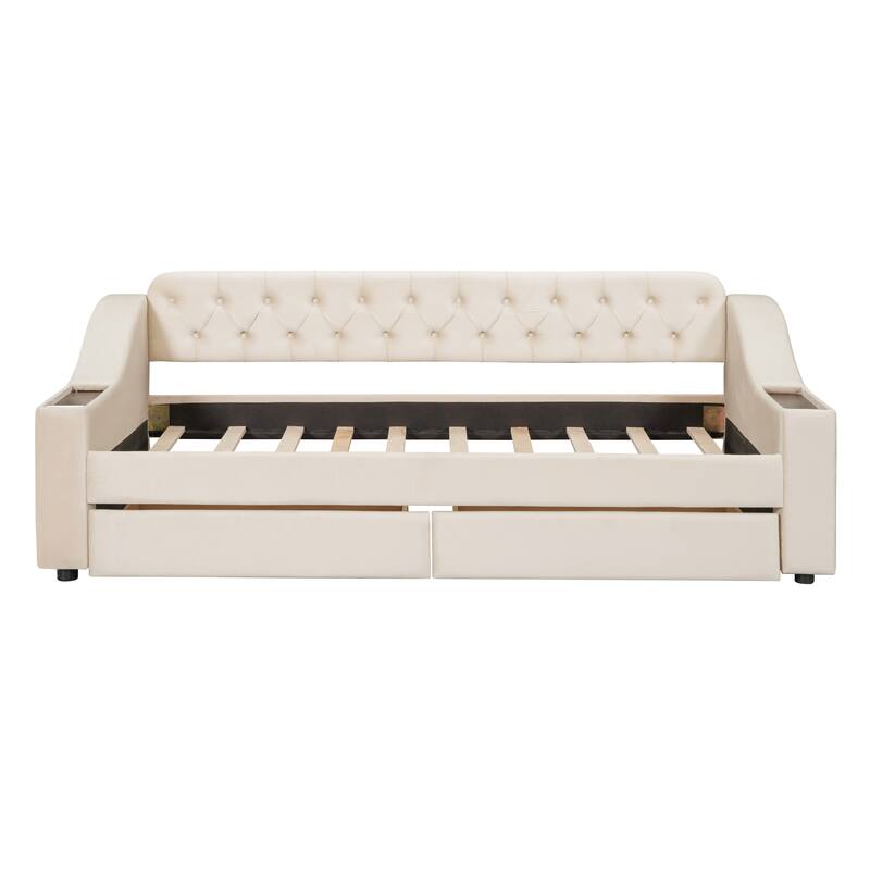 Button Tufted Backrest Daybed, Velvet Upholstered Panel Bed Frame with Storage Armrests, USB Ports on Both Sides
