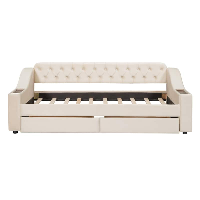 Velvet Upholstered Twin Daybed with Storage Armrests, 2 USB Ports, and Large Pull-Out Drawers, Modern Design