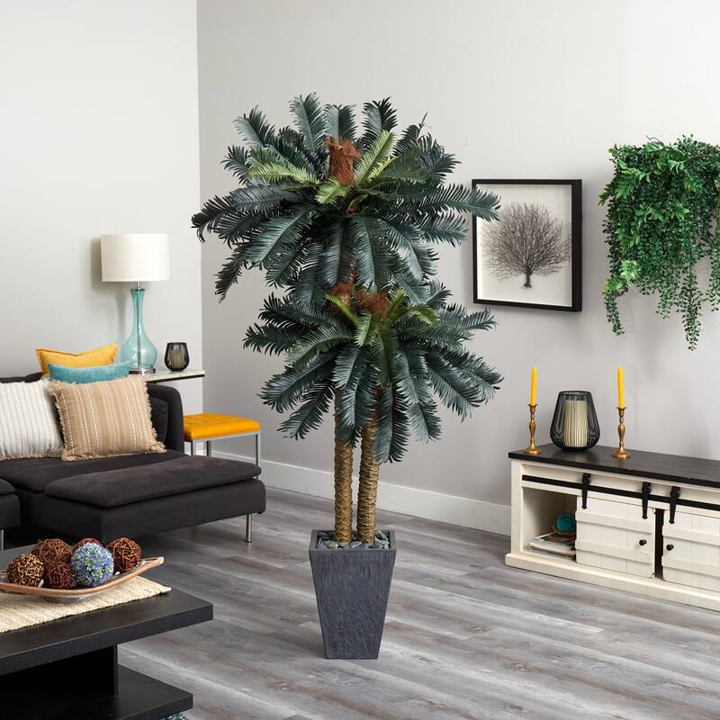 Artificial Palm Tree 6ft Double Sago with Planter - Tropical Indoor Tree Decor for Home Office Living Room - 6ft.