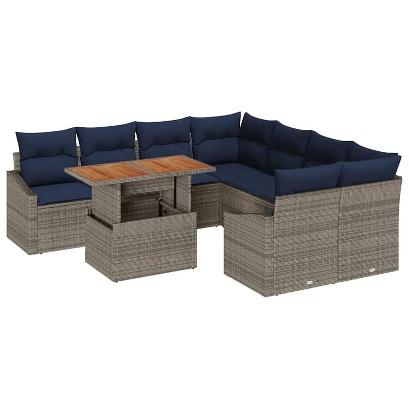 vidaXL 9 Garden Sofa Set with Cushions Black/Grey Poly Rattan - 91.9 x 92.1 x 27.2