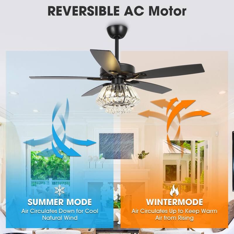 52" Modern Black Downrod Mount Crystal Ceiling Fan with Light and Remote Control - 52 in. D x 52 in. W x 21.6 in. H