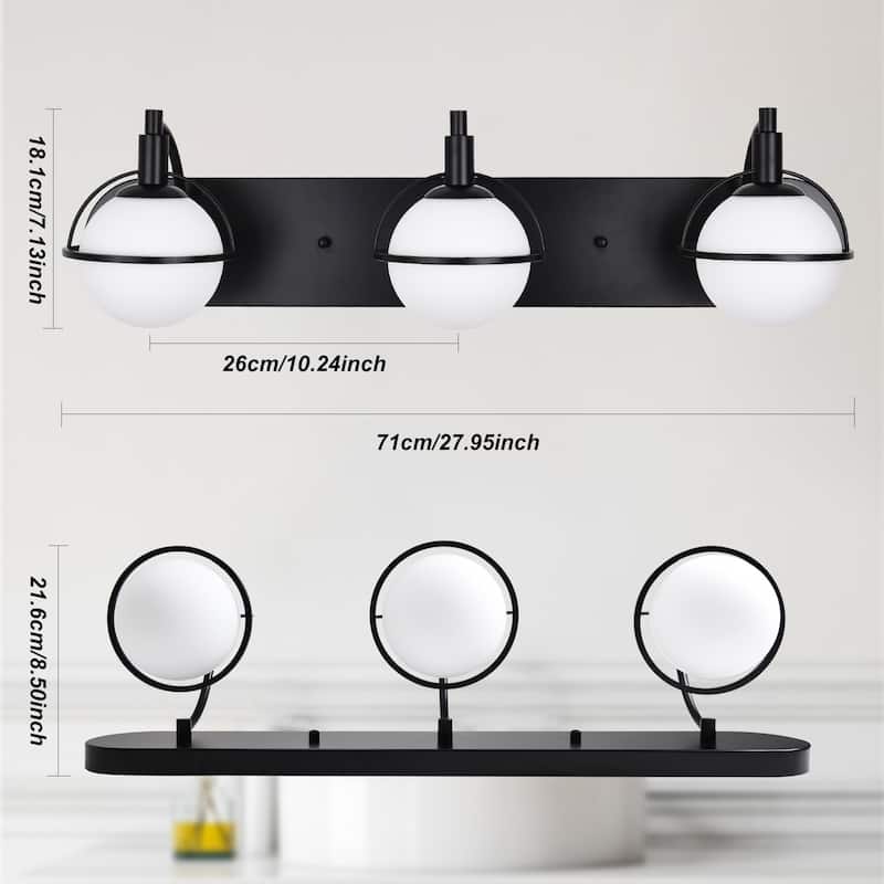 3 - Light Modern Wall Sconce, Black Metal with White Globe Glass Shades