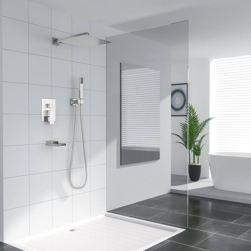 Bath Shower Faucet Set Tub Spout 10 inch Rain Shower Head with Handheld Shower System - Silver