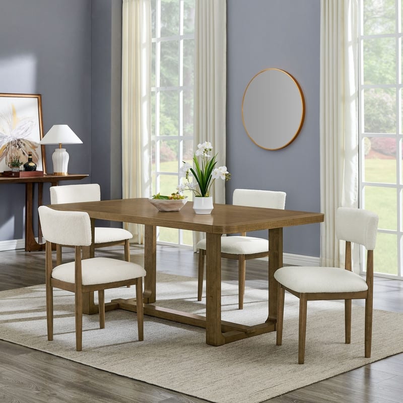 Darla 5Pc 72"W Rectangular Walnut Oak Finish Sled Dining Set with Beige Sherpa Fabric Chairs