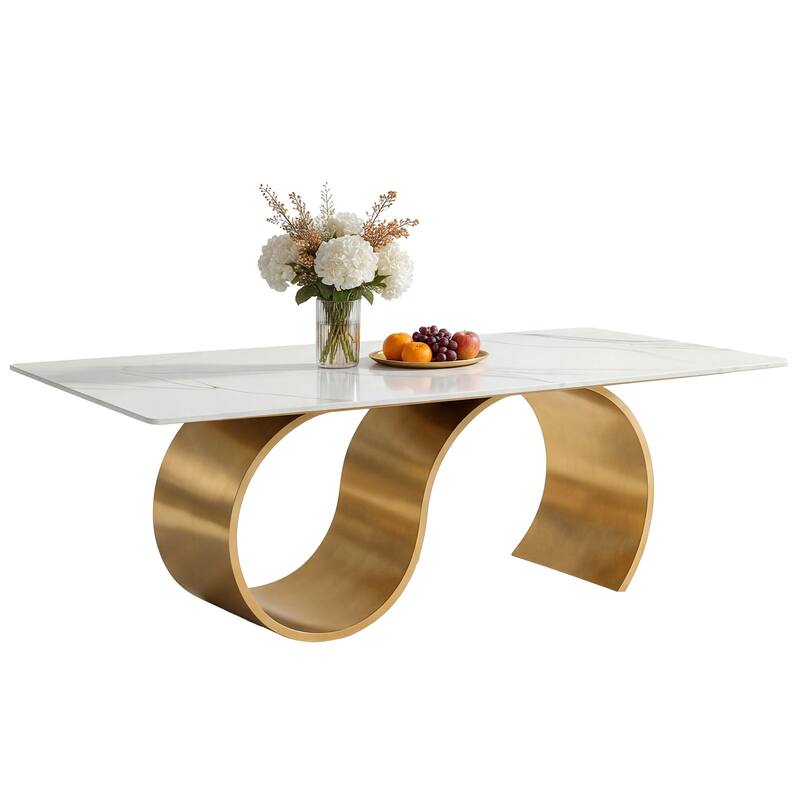 78.7" Sintered Stone Kitchen Dining Table for 8, Stainless Steel Base - White & Gold