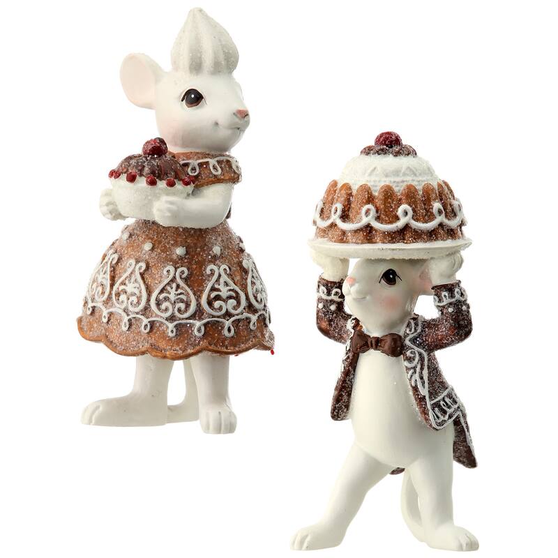 4" Resin Mouse Holding Gingerbread Cake Set of 2