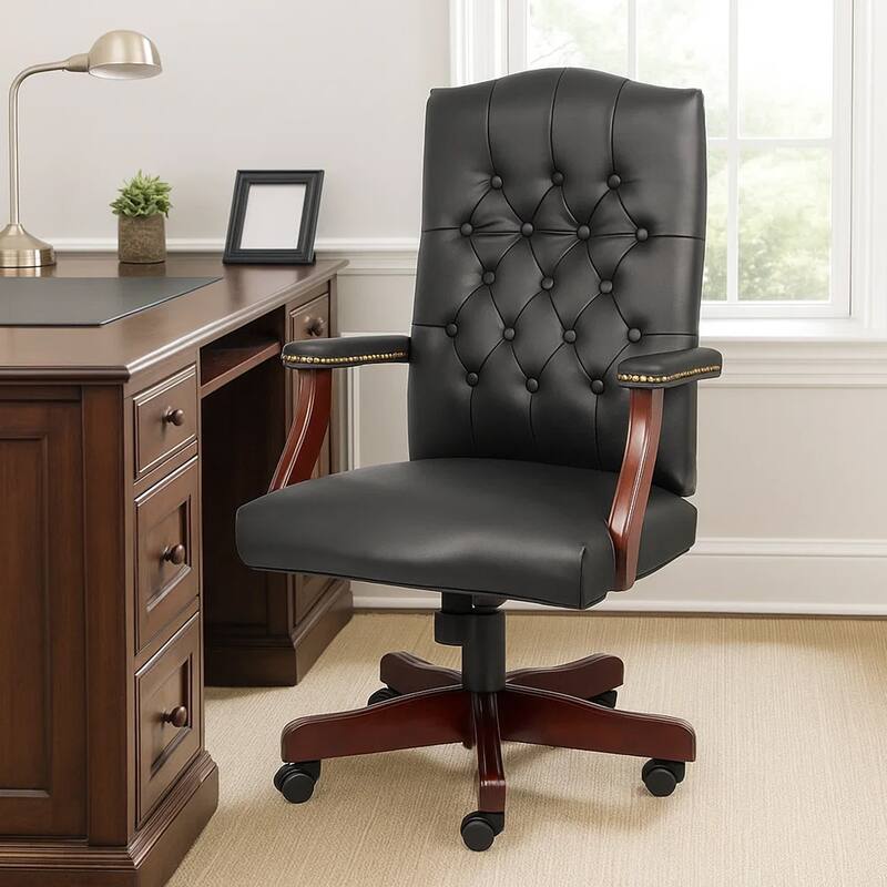 Yuzu Executive Armchair, Gas-Lift Spring-Tilt, Wood Base, Black Vinyl