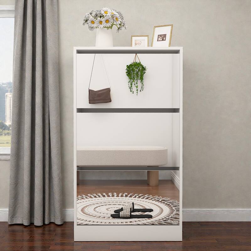 Narrow Mirrored Shoe Storage Cabinet, Slim 3-Tier Pull-Down Shoe Rack Organizer for Entryway, Hallway & Small Apartments - White