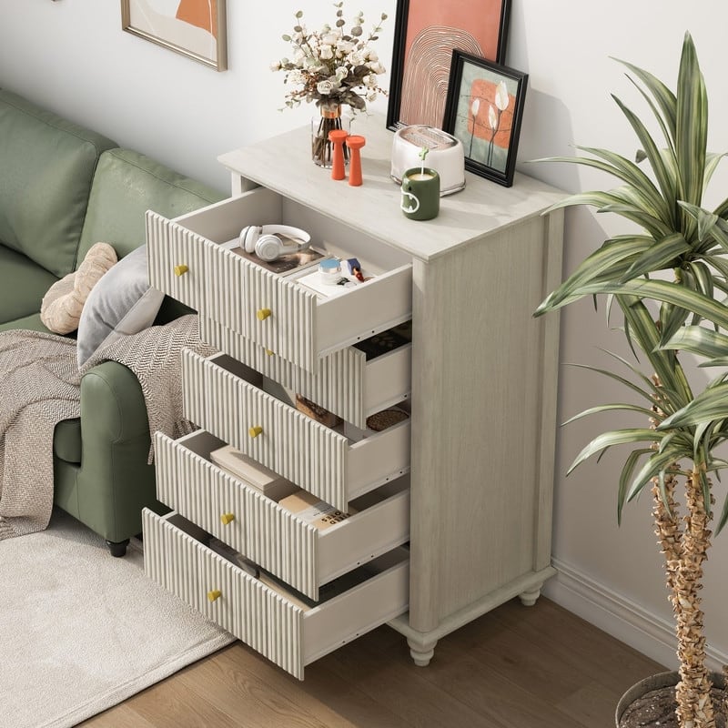 Modern Fluted 5 Drawer Dresser with Metal Handles for Stylish Bedroom Organization and Storage