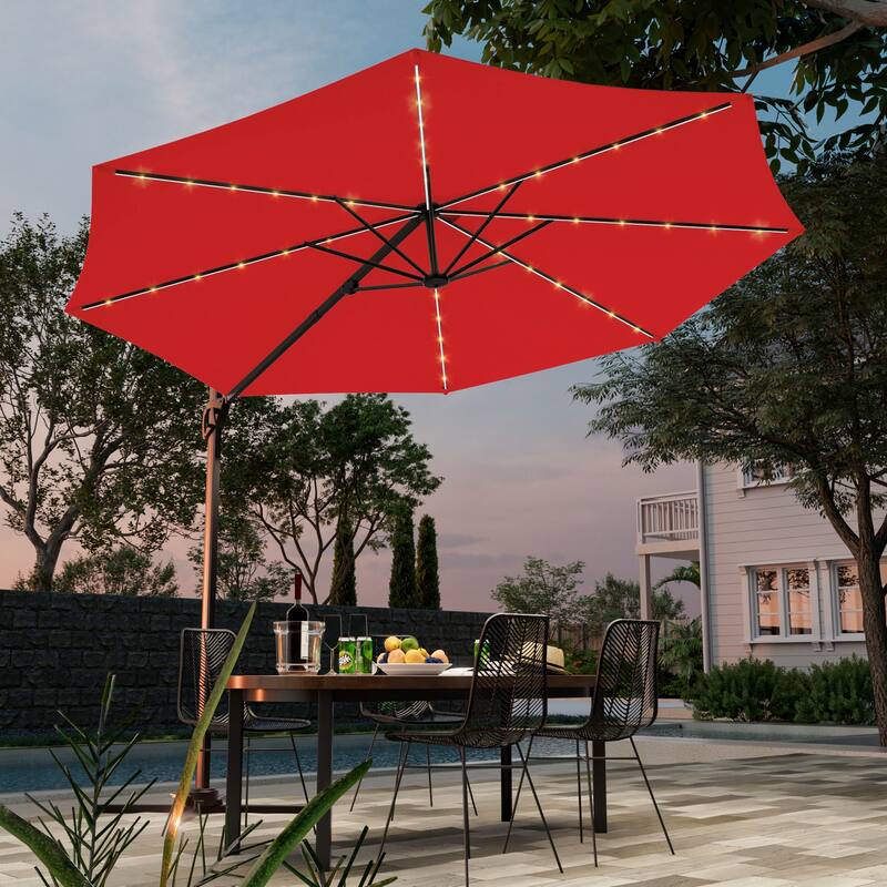 LIVOOSUN 10FT LED Round Cantilever Umbrella For Your Outdoor Space, Solution-Dyed Fabric, 360° Rotation System - Red