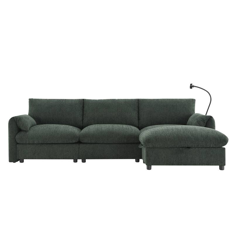 Roomfitters 96.5" L-Shaped Sectional Sofa with Storage Ottoman, Phone Holder, USB Charging, Deep Seat Chenille Couch