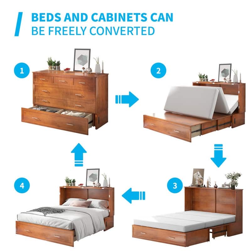 Mixoy Queen Murphy Bed Cabinet Bed Chest with Mattress,Drawers,USB Charging Station