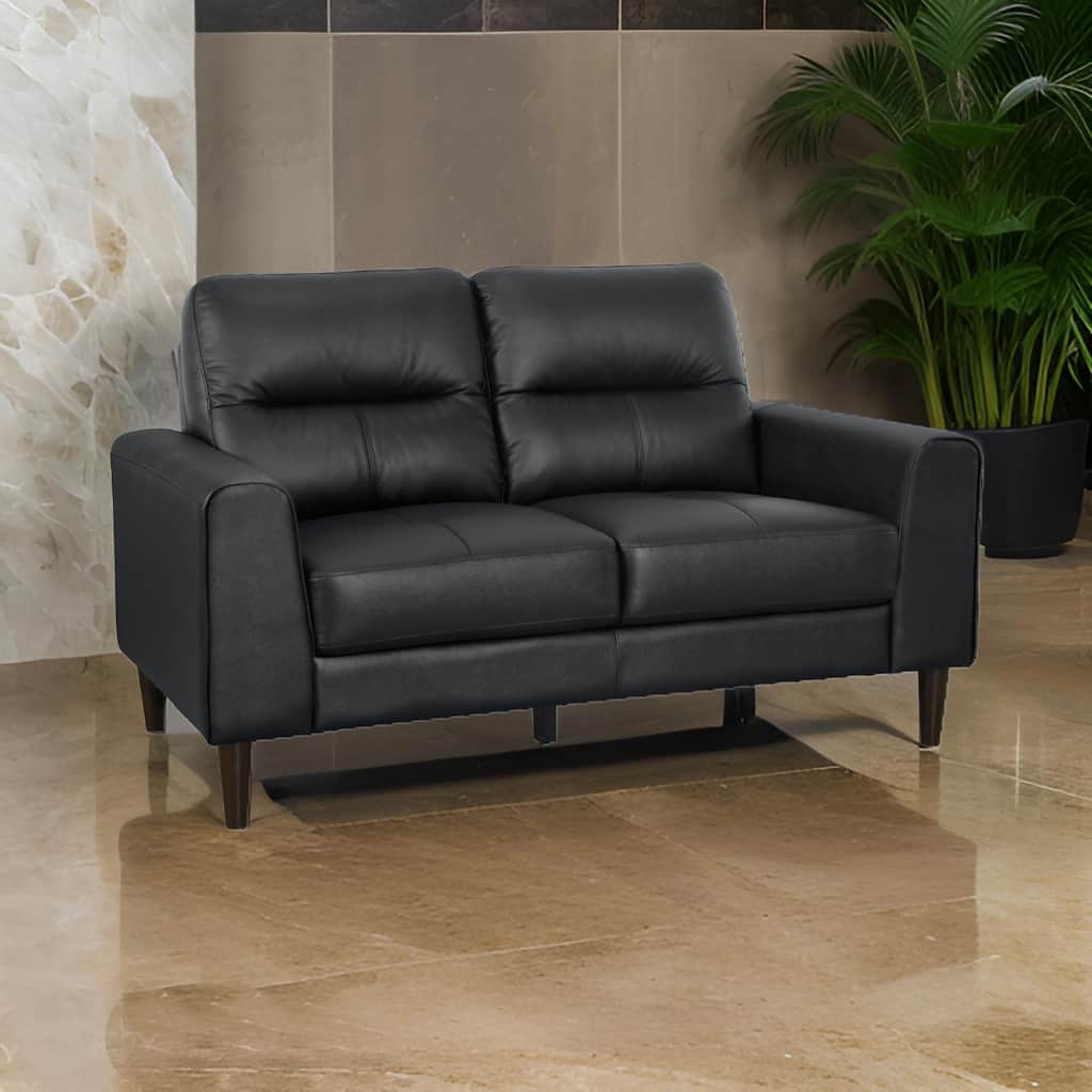 Willow 56 Inch Loveseat, Black Top Grain and Faux Leather, Solid Wood