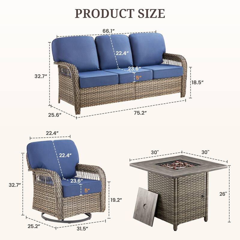 Pocassy Outdoor Sofa Ottoman Swivel Chair Table with Fire Table Set.