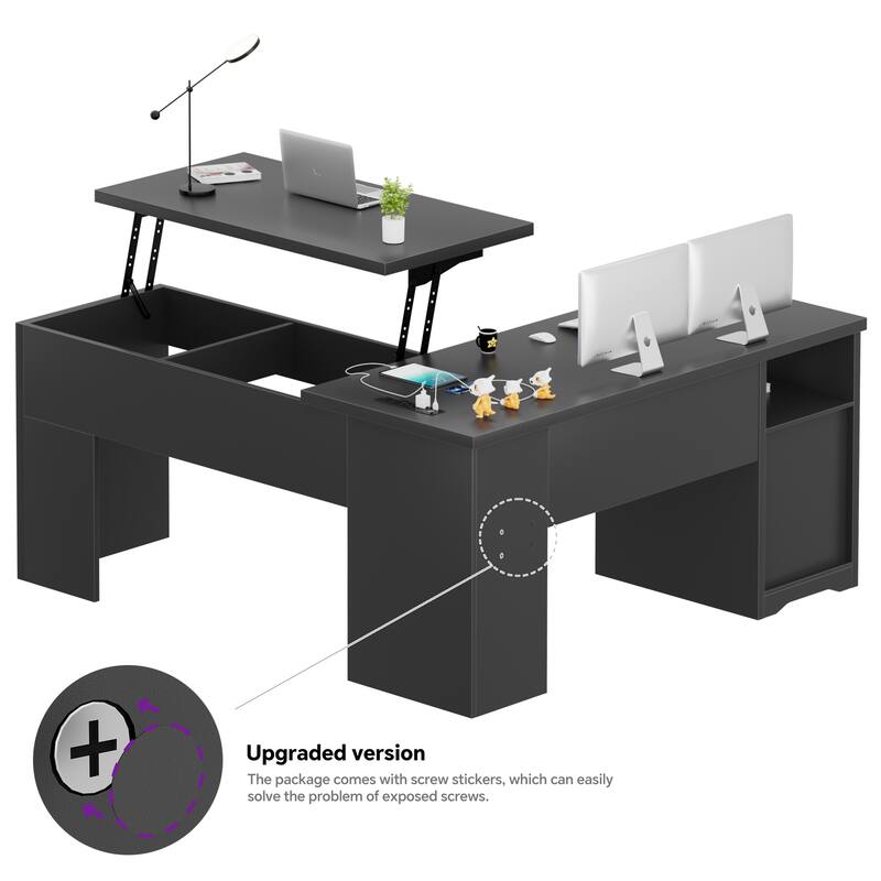 Modern Farmhouse Lift Top L-Shaped Desk with Charge Station, Corner Desk with File Drawers for Home Office