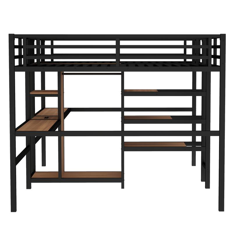 Twin-over-Twin Metal Loft Bed with Double Desks, Wardrobe and Electrical Outlets