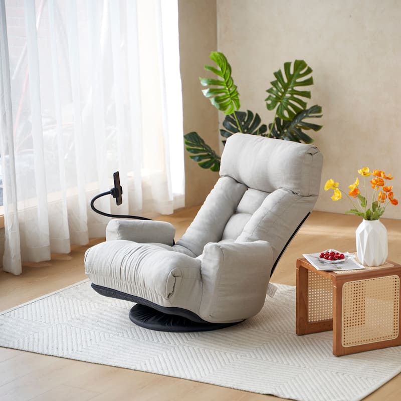Gray Upholstered 360° Swivel Manual Leisure Recliner with Mobile Phone Holder, Adjustable Headrest and Backrest