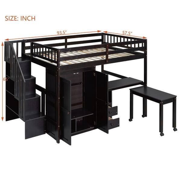 dimension image slide 0 of 3, Full Size Multifunctional Loft Bed with Wardrobe With Shelves,A Side Desk With 2 Drawers,A Movable Table