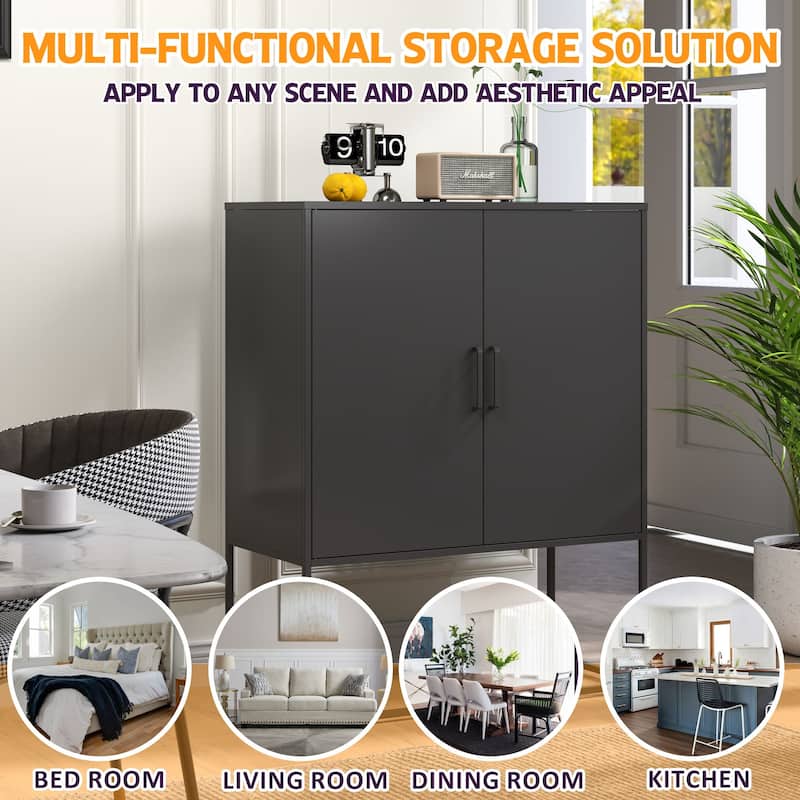 Heavy Duty Metal Buffet Sideboard Modern Steel Storage Cabinet with 2 Shelves, Free Standing