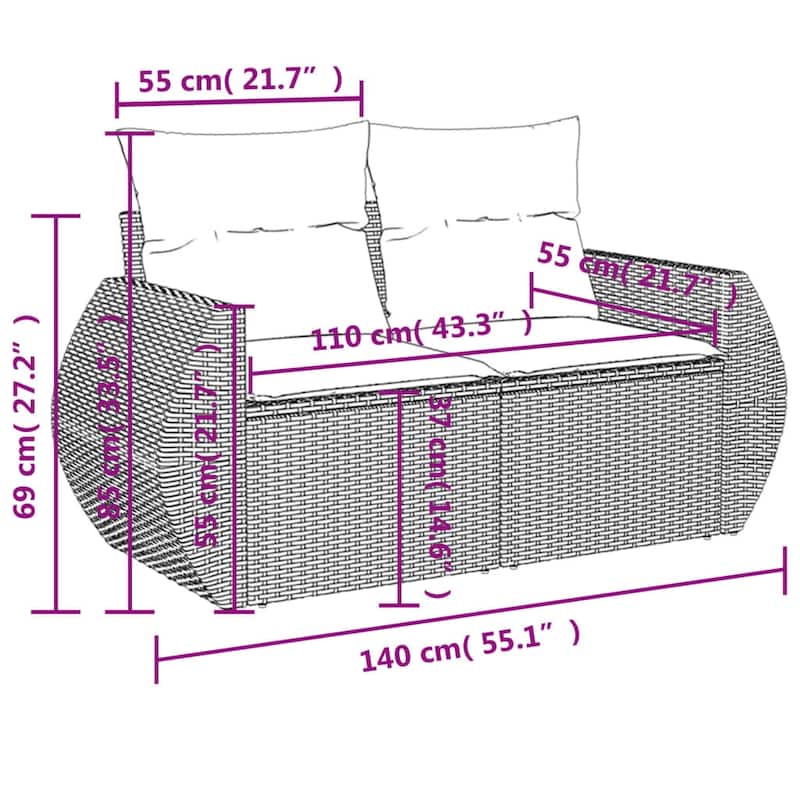 vidaXL 7/8 Piece Patio Sofa Set with Cushions Gray/Brown/Black Poly Rattan - 24.4" x 24.4" x 27.2"