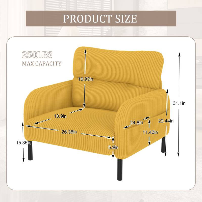 Corduroy Upholstered Single Sofa Chair, Lounge Reading Chair with Side Pockets, Armchair with Solid Wood Frame