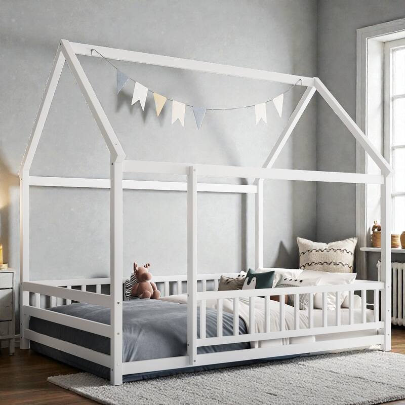 Wooden House Frame Floor Bed with Roof, Fence Guardrails, Pine Wood Kids Platform Bed for Bedroom - White - Full