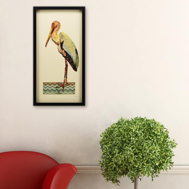 "Crane" Dimensional Collage Framed Graphic Art Under Glass Wall Art