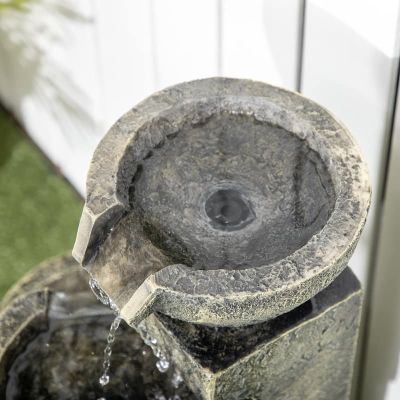 Outsunny Outdoor Fountain with 4-Tier Stacked Stone Look Bowls, Cascading Waterfall, Adjustable Flow & LED Lights