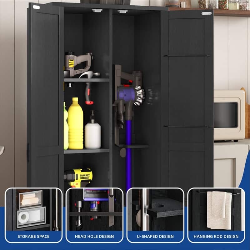 Moasis Broom Closet Storage Cabinet with Doors, Farmhouse Cleaning Tool Cabine with Shelves