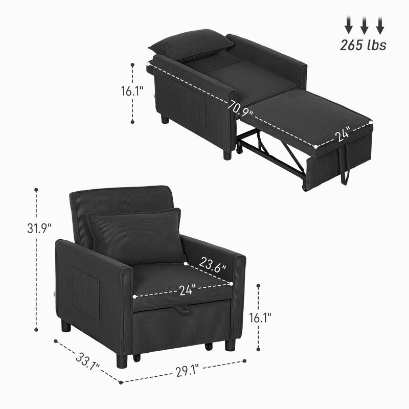 3-in-1 Lounge Chair Recliner Sofa Bed with Corduroy Upholstery and Storage Pockets for Adults - 29.1" W x 33.1" D x 31.9" H