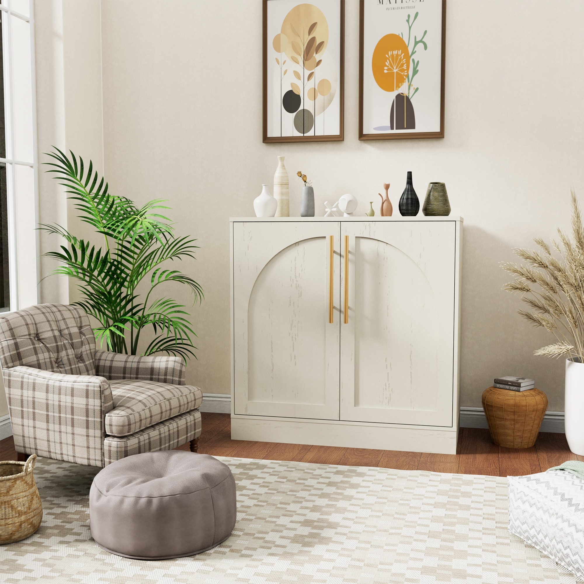 Arched Two-Door Cabinet Curio Display Cabinet with Gold Handles