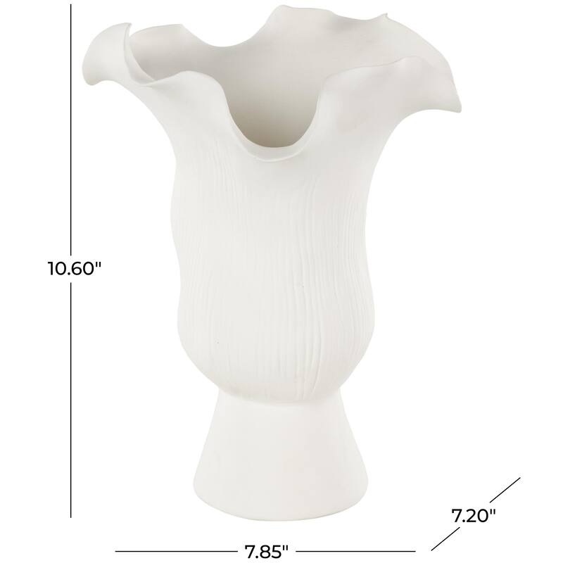 Ceramic Abstract Floral Inspired Vase with Wavy Folded Rim and Linear Grooves - White or Black - Roche River Decor