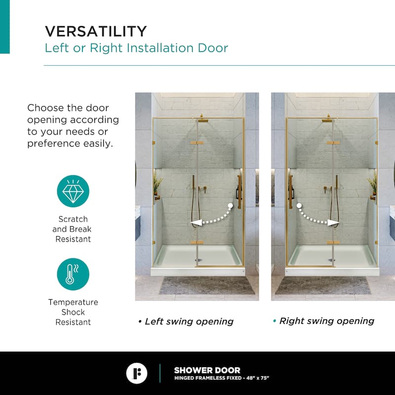 Fine Fixtures Hinged Clear Frameless Glass Shower Door Enclosure