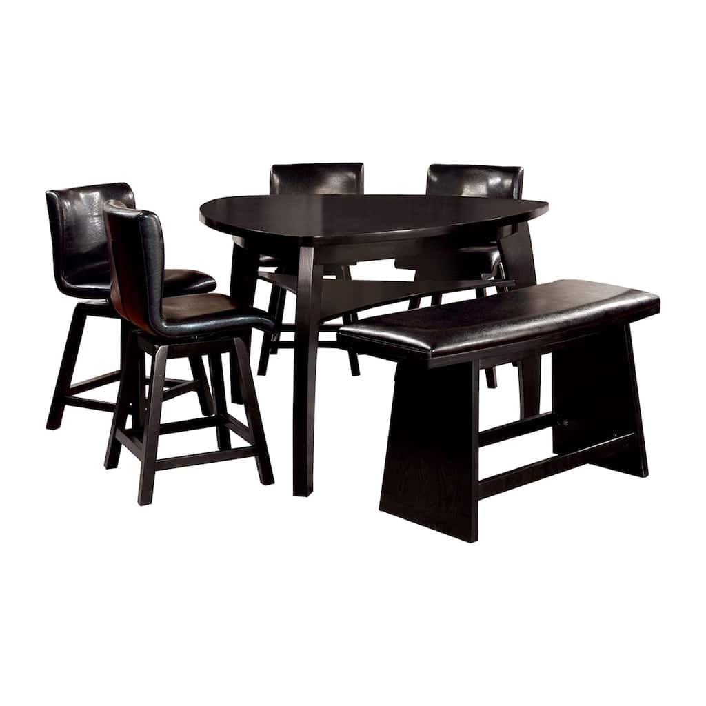 Leya 7pc Counter Table and Chair Set, Black Faux Leather, Solid Wood