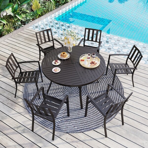 MAISON ARTS 7 Pieces Outdoor Dining Set for 6 Large Round Dining Table with Umbrella Hole Stackable Metal Chairs
