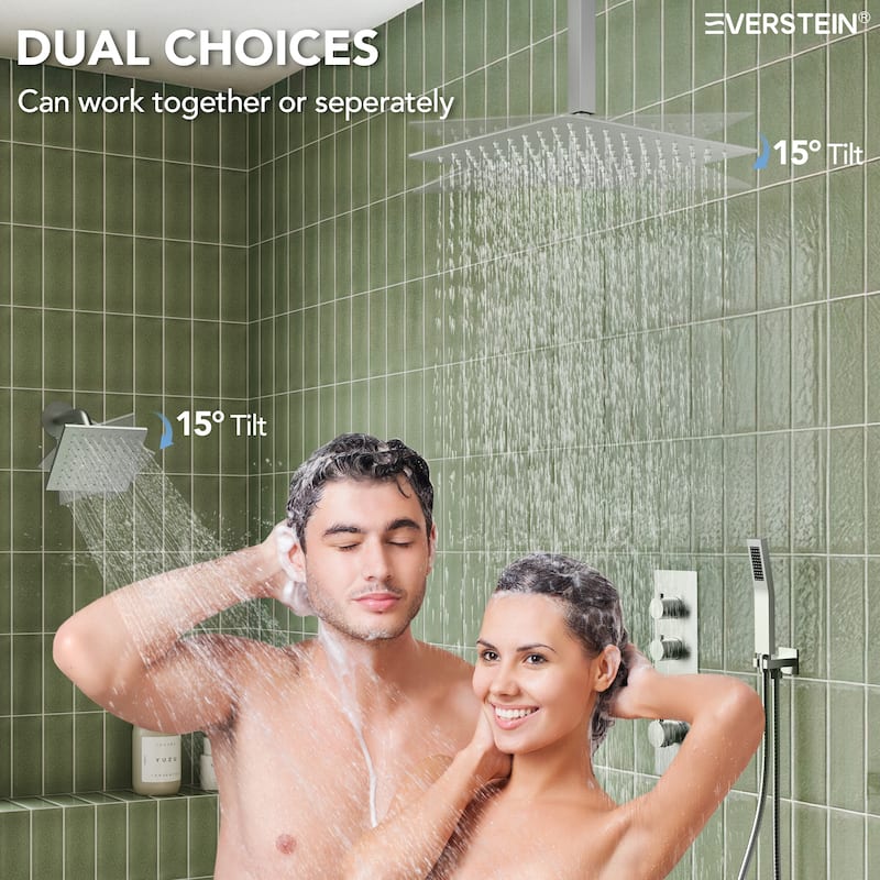 Dual Heads 16" Rainfall & High Pressure 6" Shower System w/ 3 Way Thermostatic Faucet 