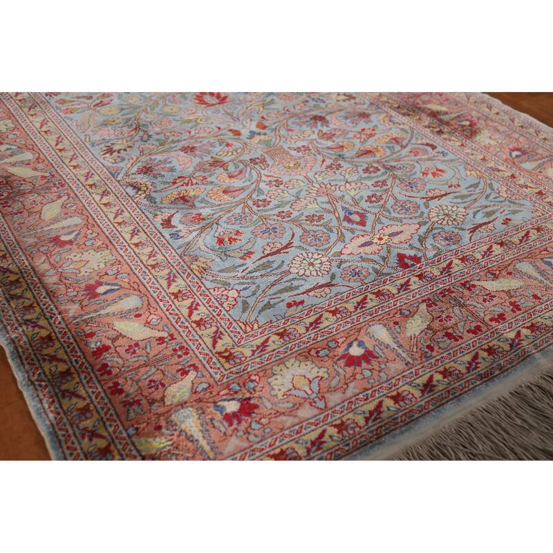 Hand Knotted Oriental Silk Carpet Traditional Floral Navy Blue & Blues Hereke Area Rug - 4' 10'' X 3' 3''
