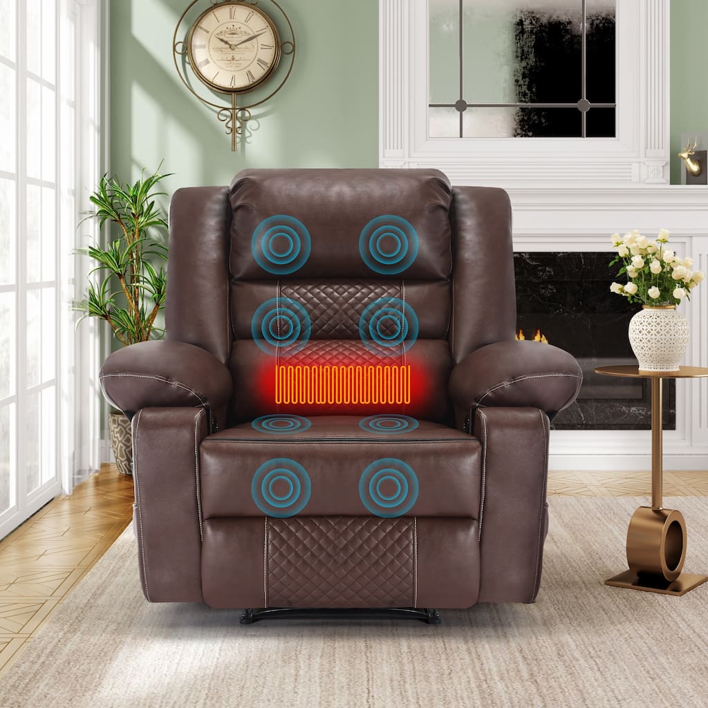 Breathable Leather Manual Recliner for Adults, Modern Living Room Single Recliner Sofa with Massage & Heat and Side Pocket