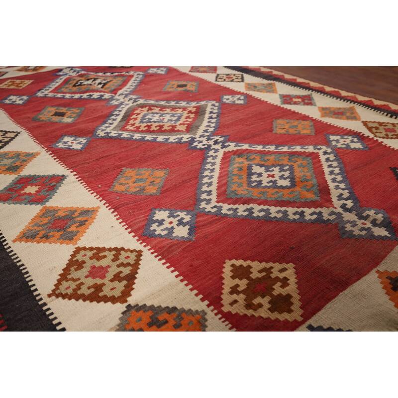 Kilim Qashqai Persian Vintage Rug Hand-Woven Red Wool Carpet - 5'4"x 8'3"