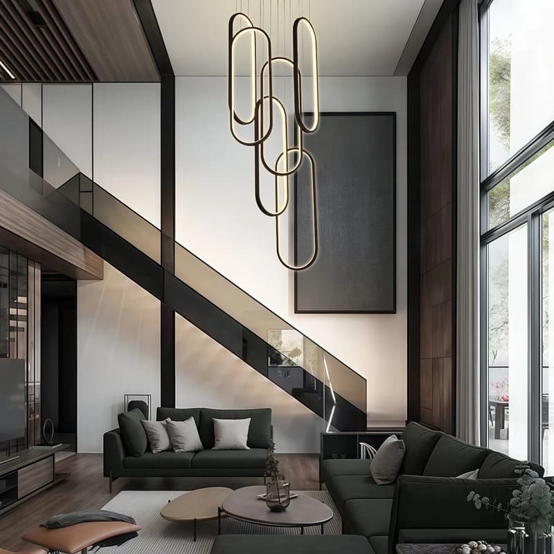 6 Rings Modern Chandelier Dimmable LED Living Room Foyer Chandelier Lighting Fixture High Ceiling Pendant Light Fixture