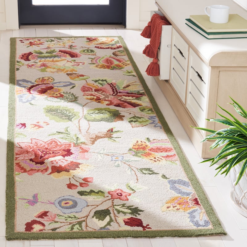 SAFAVIEH, Handmade Chelsea Jurendine French Country Floral Wool Rug - 2'6" x 12' Runner - Sage