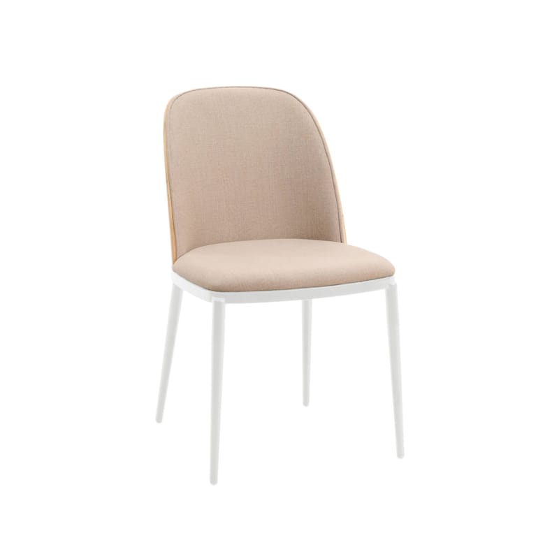LeisureMod Tule Dining Chair with Upholstered Seat and White Steel Frame - Natural Wood/Brown